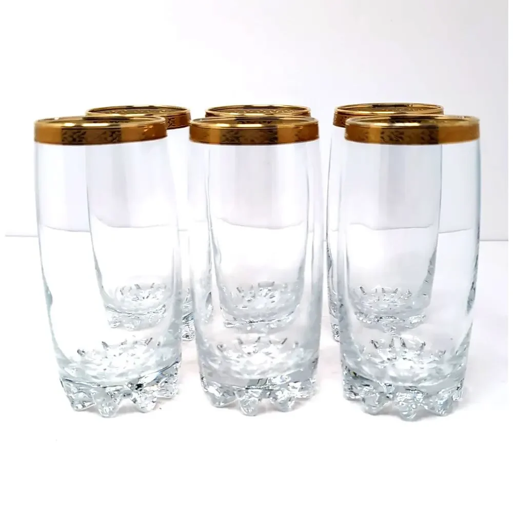 VTG Pasabahce‎ Set of 6 Gold Rim Glasses Highball Gold Rim